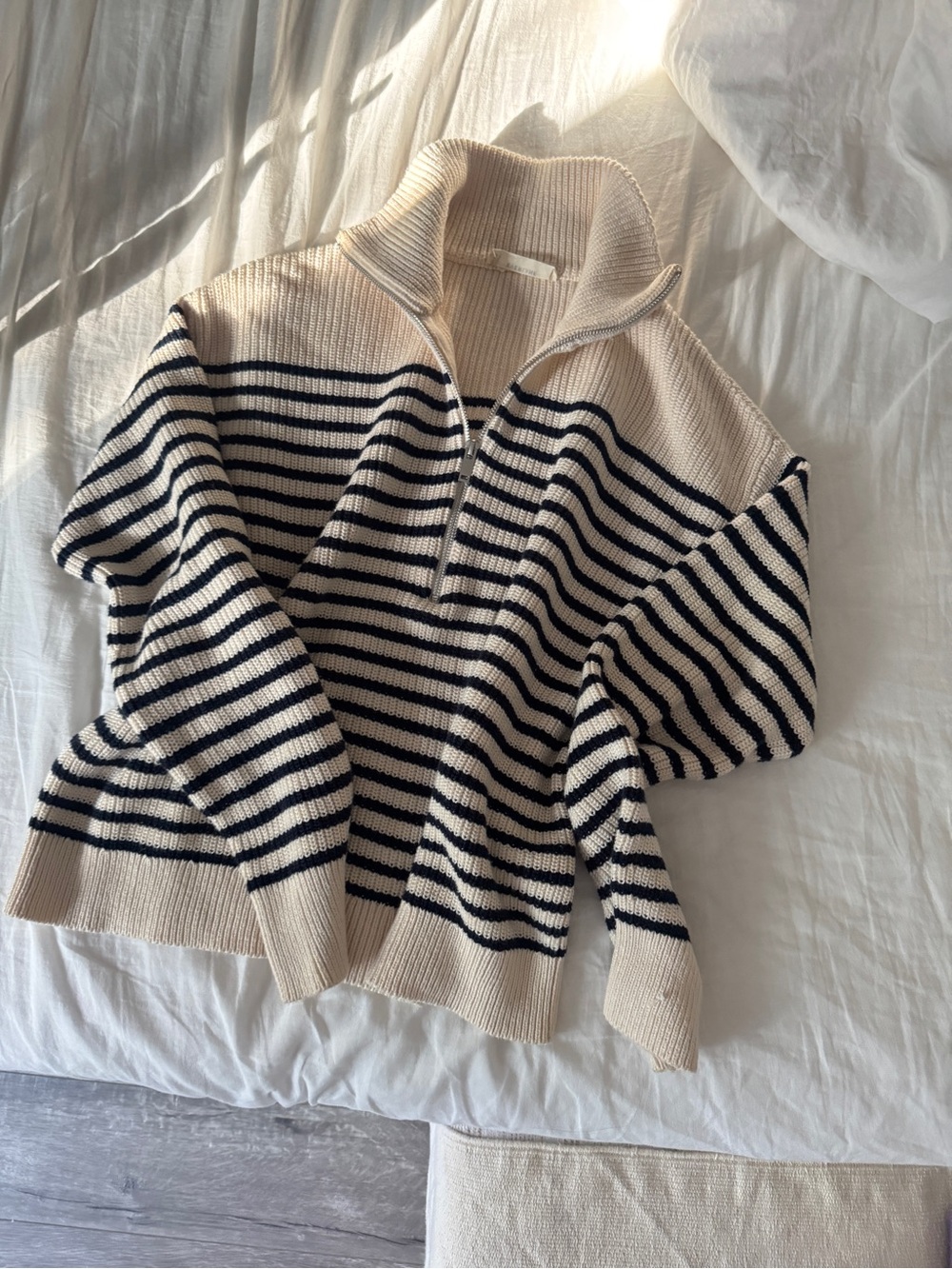 Everlane Cream and Black Striped Half-Zip Sweater in everyday cotton